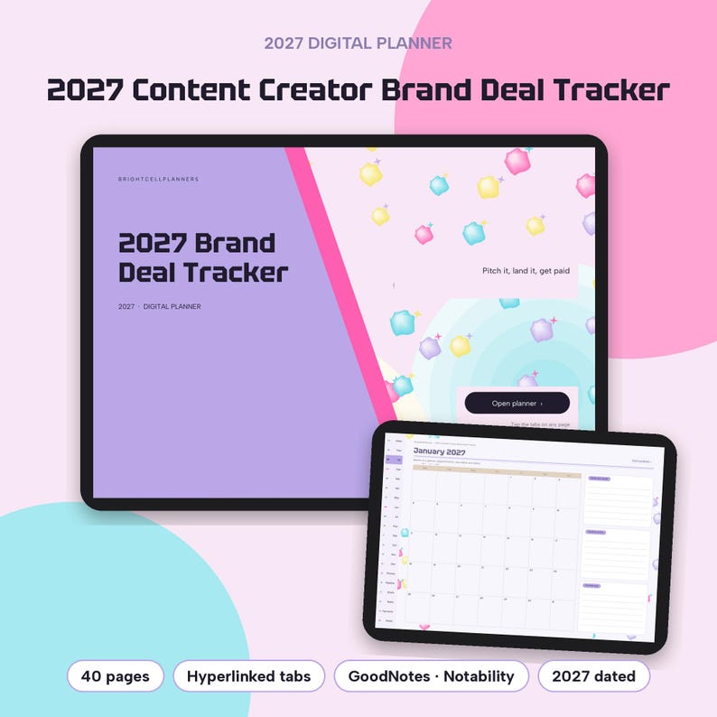 May include: A 2027 digital planner for content creators featuring a brand deal tracker. The interface displays a purple and pink theme with floating icons, a calendar view for January 2027, hyperlinked tabs, and text reading 2027 Content Creator Brand Deal Tracker.