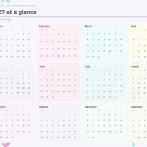 May include: A digital 2027 calendar planner interface titled 2027 at a glance. It features twelve monthly grids organized in a four-by-three layout with pastel-colored backgrounds. A sidebar on the left lists months and categories.