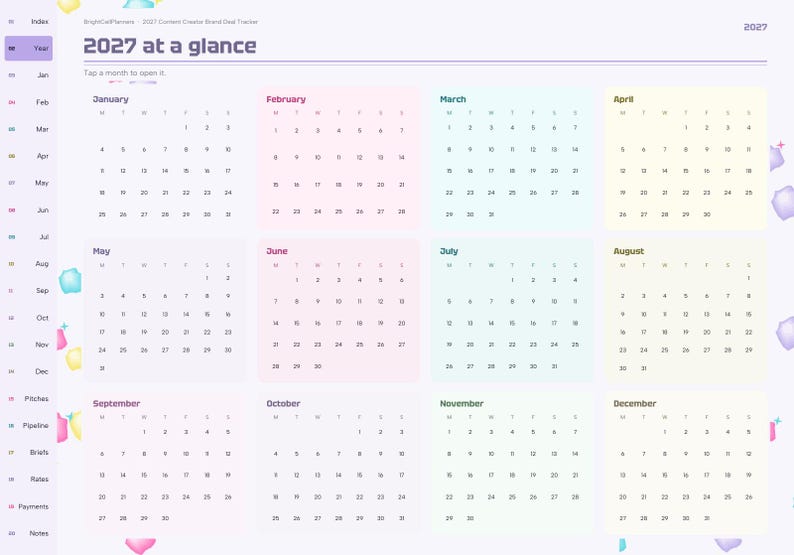 May include: A digital 2027 calendar planner interface titled 2027 at a glance. It features twelve monthly grids organized in a four-by-three layout with pastel-colored backgrounds. A sidebar on the left lists months and categories.