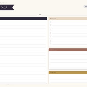 May include: A vow drafting journal page with a cream background, featuring a large lined area for writing, a checklist section labeled Must Include, and boxes for Cut or shorten and Length check. The header reads Vow Drafting (1/3).