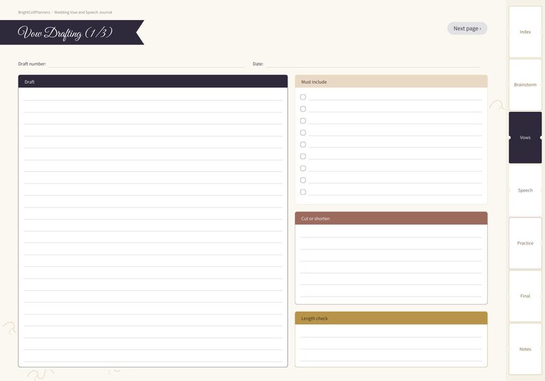 May include: A vow drafting journal page with a cream background, featuring a large lined area for writing, a checklist section labeled Must Include, and boxes for Cut or shorten and Length check. The header reads Vow Drafting (1/3).