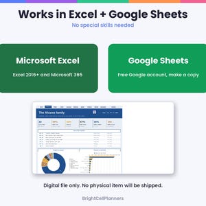 May include: A digital spreadsheet template compatible with Microsoft Excel 2016+ and Google Sheets. The interface displays The Alvarez family budget dashboard with data tables, a pie chart, and a bar graph. Text includes Works in Excel + Google Sheets.