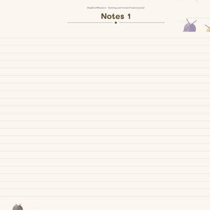 Puede incluir: Una p&aacute;gina de diario de proyectos de tejido y ganchillo digital titulada Notes 1. La p&aacute;gina de color crema presenta l&iacute;neas horizontales y una barra de navegaci&oacute;n lateral izquierda con pesta&ntilde;as para Index, Projects, Stash, Needles, Patterns, Rows, Gauge y Notes.