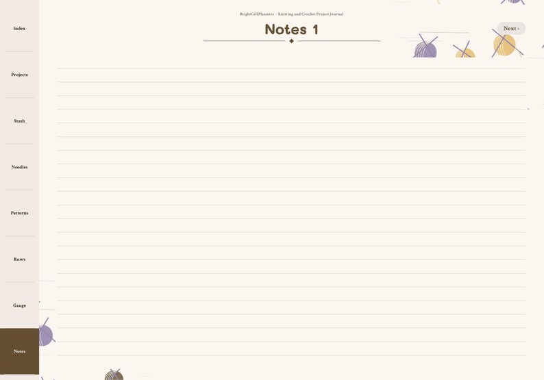 Puede incluir: Una p&aacute;gina de diario de proyectos de tejido y ganchillo digital titulada Notes 1. La p&aacute;gina de color crema presenta l&iacute;neas horizontales y una barra de navegaci&oacute;n lateral izquierda con pesta&ntilde;as para Index, Projects, Stash, Needles, Patterns, Rows, Gauge y Notes.