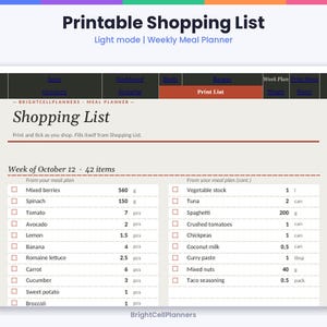 May include: A digital printable shopping list template titled Shopping List with a weekly meal planner layout. It features a navigation bar, checkboxes, and a list of grocery items with quantities in grams, liters, and pieces for October 12.
