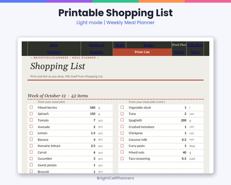 May include: A digital printable shopping list template titled Shopping List with a weekly meal planner layout. It features a navigation bar, checkboxes, and a list of grocery items with quantities in grams, liters, and pieces for October 12.