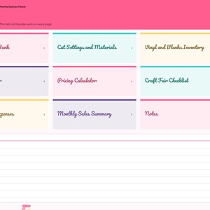 May include: A digital business planner interface with a pink header labeled Index. It features a grid of rectangular tiles with titles including Project Idea Bank, Cut Settings and Materials, Vinyl and Blanks Inventory, Order Tracker, Pricing Calculator, Craft Fair Checklist, Income and Expenses, Monthly Sales Summary, and Notes, plus a lined Quick notes section.
