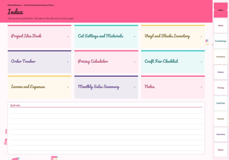 May include: A digital business planner interface with a pink header labeled Index. It features a grid of rectangular tiles with titles including Project Idea Bank, Cut Settings and Materials, Vinyl and Blanks Inventory, Order Tracker, Pricing Calculator, Craft Fair Checklist, Income and Expenses, Monthly Sales Summary, and Notes, plus a lined Quick notes section.