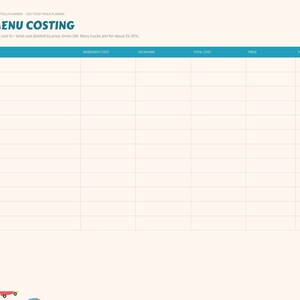 May include: A 2027 food truck planner page titled Menu Costing with a table for tracking menu items, ingredient costs, packaging, total costs, prices, and food cost percentages. The left sidebar lists months and categories.