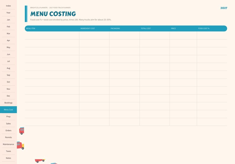 May include: A 2027 food truck planner page titled Menu Costing with a table for tracking menu items, ingredient costs, packaging, total costs, prices, and food cost percentages. The left sidebar lists months and categories.