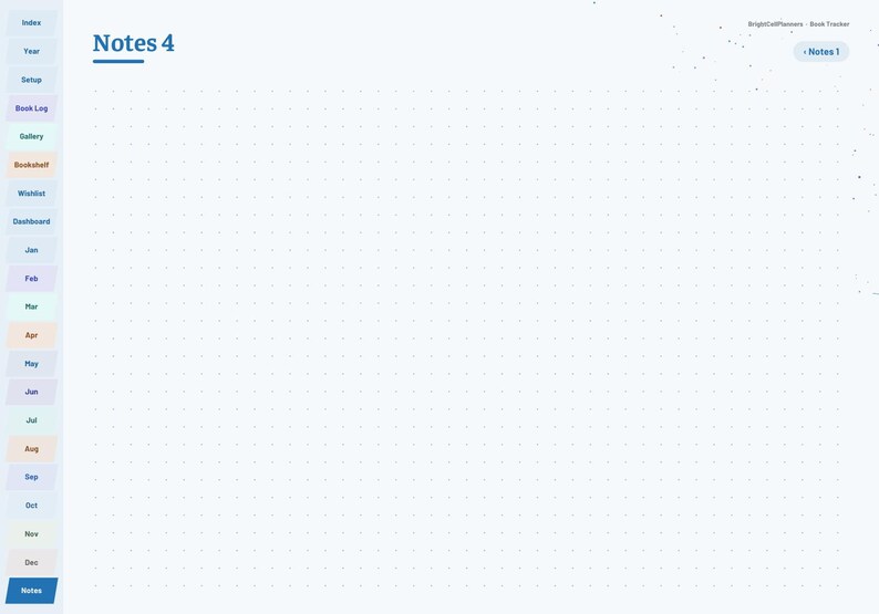 May include: A digital planner page titled Notes 4 with a light blue dotted grid background. The left side features a vertical navigation bar with tabs labeled Index, Year, Setup, Book Log, Gallery, Bookshelf, Wishlist, Dashboard, and months.