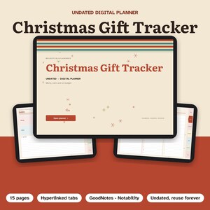 Puede incluir: Un planificador digital sin fecha para el seguimiento de regalos de Navidad mostrado en tres pantallas de tableta. La interfaz presenta un fondo crema con rayas rojas, verde azulado y naranjas, texto rojo y peque&ntilde;os iconos de estrellas. Incluye 15 p&aacute;ginas, pesta&ntilde;as con hiperv&iacute;nculos y compatibilidad con GoodNotes y Notability.