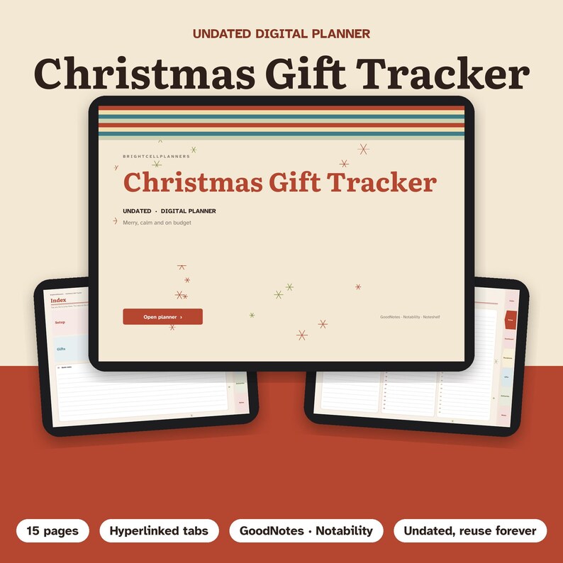 Puede incluir: Un planificador digital sin fecha para el seguimiento de regalos de Navidad mostrado en tres pantallas de tableta. La interfaz presenta un fondo crema con rayas rojas, verde azulado y naranjas, texto rojo y peque&ntilde;os iconos de estrellas. Incluye 15 p&aacute;ginas, pesta&ntilde;as con hiperv&iacute;nculos y compatibilidad con GoodNotes y Notability.
