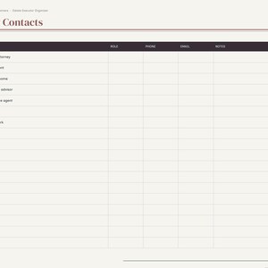 May include: A digital planner page titled Key Contacts with a dark header row containing columns for Name, Role, Phone, Email, and Notes. The list includes rows for Estate attorney, Accountant, Funeral home, Financial advisor, and more.