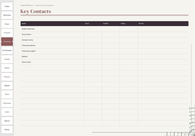 May include: A digital planner page titled Key Contacts with a dark header row containing columns for Name, Role, Phone, Email, and Notes. The list includes rows for Estate attorney, Accountant, Funeral home, Financial advisor, and more.