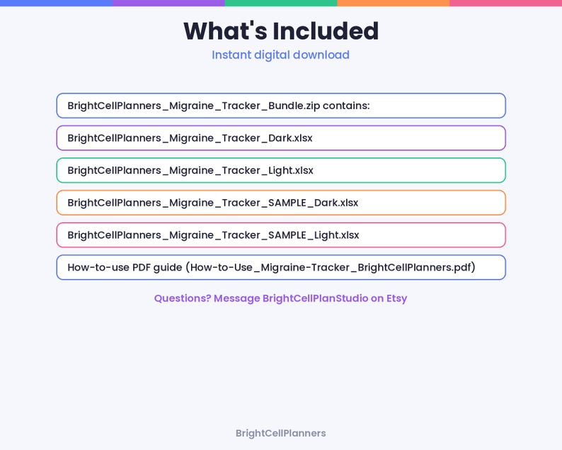 Puede incluir: Una lista de archivos digitales titulada What's Included, que incluye BrightCellPlanners_Migraine_Tracker_Bundle.zip, con cuatro archivos Excel para rastreadores de migra&ntilde;a oscuros y claros, y una gu&iacute;a PDF How-to-Use_Migraine_Tracker_BrightCellPlanners.