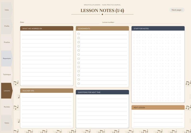 May include: A digital music practice journal page titled LESSON NOTES (1/4) with sections for What We Worked On, Assignments, Staff For Notes, Teacher Tips, Questions For Next Time, and Next Lesson, featuring a cream background with musical notes.
