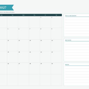 Puede incluir: Una p&aacute;gina de planificador de eventos digital para enero de 2027 con una cuadr&iacute;cula de calendario mensual, secciones para enfoque del mes, fechas clave y notas. La barra lateral incluye pesta&ntilde;as de navegaci&oacute;n para &iacute;ndice y a&ntilde;o.