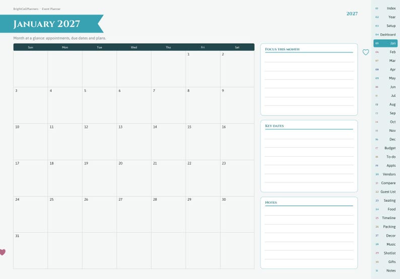Puede incluir: Una p&aacute;gina de planificador de eventos digital para enero de 2027 con una cuadr&iacute;cula de calendario mensual, secciones para enfoque del mes, fechas clave y notas. La barra lateral incluye pesta&ntilde;as de navegaci&oacute;n para &iacute;ndice y a&ntilde;o.