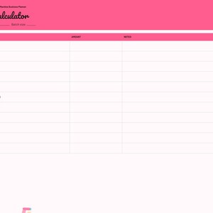 May include: A digital pricing calculator planner page with a bright pink header labeled Pricing Calculator. The table includes columns for Item, Amount, and Notes, with rows for costs like materials, time, and fees. A vertical tab menu is on the right.