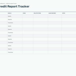 May include: A digital Credit Report Tracker template featuring a table with columns for Date, Bureau, Score, Negative Items, Hard Inquiries, and Notes. The sidebar lists navigation tabs including Index, Goals, Reports, Disputes, and Utilization.