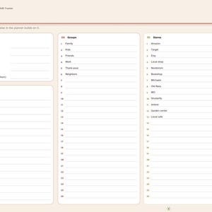 Puede incluir: Una p&aacute;gina de planificador digital para el seguimiento de regalos de Navidad con fondo crema y texto marr&oacute;n. El dise&ntilde;o incluye secciones para Setup, The basics, Notes, Groups y Stores, con una pesta&ntilde;a de navegaci&oacute;n vertical a la derecha.