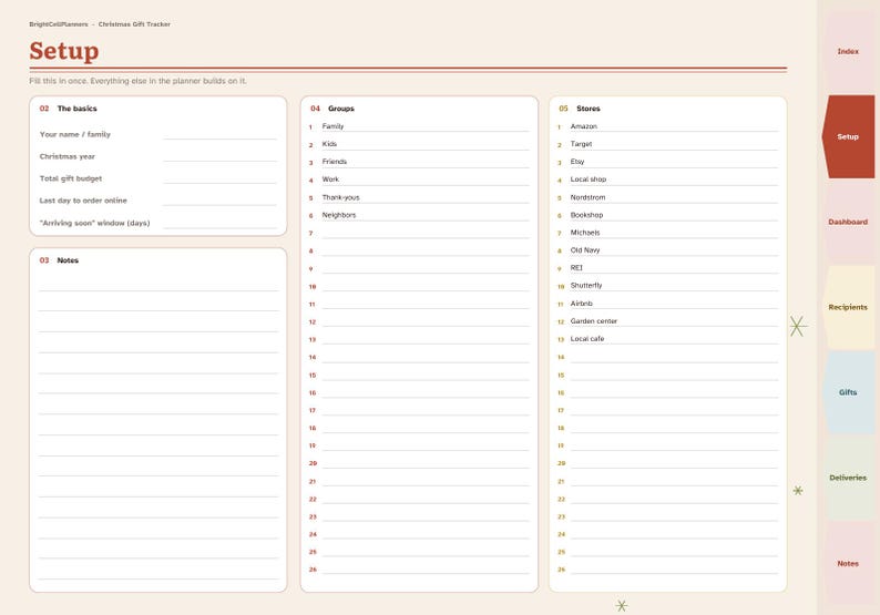 Puede incluir: Una p&aacute;gina de planificador digital para el seguimiento de regalos de Navidad con fondo crema y texto marr&oacute;n. El dise&ntilde;o incluye secciones para Setup, The basics, Notes, Groups y Stores, con una pesta&ntilde;a de navegaci&oacute;n vertical a la derecha.