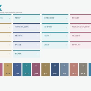 Puede incluir: Una p&aacute;gina de &iacute;ndice de planificador de eventos digital para 2027 con una cuadr&iacute;cula de mosaicos de navegaci&oacute;n etiquetados Year at a Glance, Setup, Dashboard, Budget, To-Do, Appointments, Vendors, Venue Comparison, Guest List, Seating, Food, Timeline, Packing, Decor, Music, Gifts, Notes y los meses de Jan a Dec.
