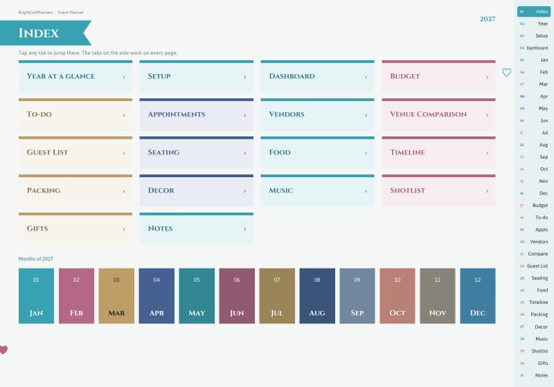 Puede incluir: Una p&aacute;gina de &iacute;ndice de planificador de eventos digital para 2027 con una cuadr&iacute;cula de mosaicos de navegaci&oacute;n etiquetados Year at a Glance, Setup, Dashboard, Budget, To-Do, Appointments, Vendors, Venue Comparison, Guest List, Seating, Food, Timeline, Packing, Decor, Music, Gifts, Notes y los meses de Jan a Dec.