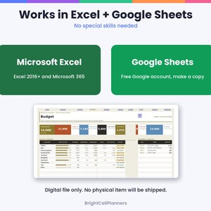 May include: A digital budget planner template compatible with Microsoft Excel 2016+ and Google Sheets. The interface displays a dashboard with categories, financial data, and a summary table. Text includes Works in Excel + Google Sheets.