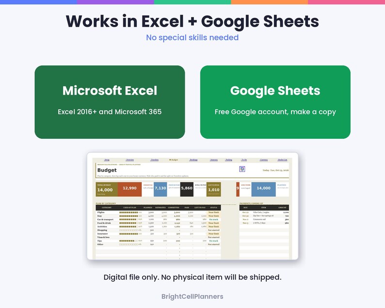 May include: A digital budget planner template compatible with Microsoft Excel 2016+ and Google Sheets. The interface displays a dashboard with categories, financial data, and a summary table. Text includes Works in Excel + Google Sheets.