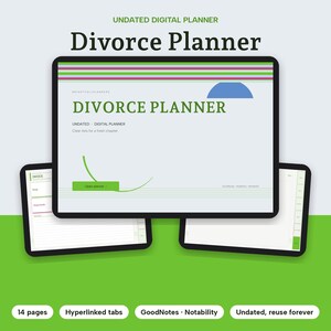 May include: A digital divorce planner displayed on three tablet screens. The main screen features the text Divorce Planner, Undated Digital Planner, and Clear lists for a fresh chapter. The interface includes green accents, horizontal lines, and a blue semi-circle graphic.