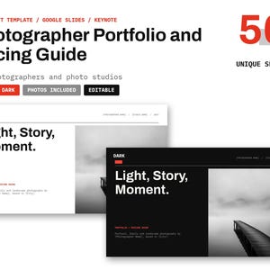May include: A digital presentation template titled Photographer Portfolio and Pricing Guide featuring 56 unique slides. The design includes light and dark versions with black and white text, red accents, and placeholders for photography.