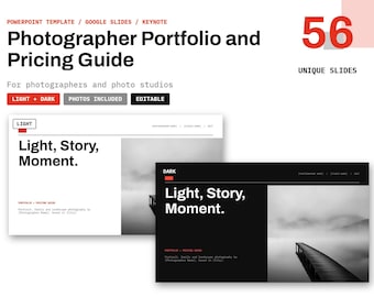 Może przedstawiać: Cyfrowy szablon prezentacji zatytułowany Photographer Portfolio and Pricing Guide zawierający 56 unikalnych slajdów. Projekt obejmuje jasne i ciemne wersje z czarno-białym tekstem, czerwonymi akcentami oraz miejscami na zdjęcia.