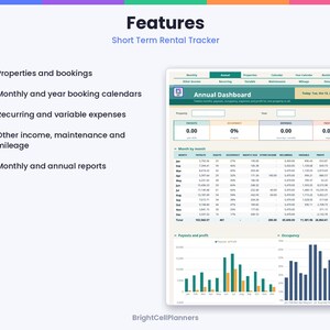 K&ouml;nnte beinhalten: Eine digitale Kurzzeitvermietungs-Tracker-Tabelle mit einem Jahres-Dashboard, Datentabellen, Balkendiagrammen f&uuml;r Auszahlungen, Gewinn und Auslastung sowie einer Liste von Funktionen wie Immobilien, Buchungen und Kostenberichten.