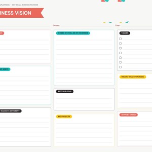 May include: A 2027 business vision planner page featuring a sidebar with monthly tabs and a main section with labeled fields for mission, values, revenue goals, and big projects. The layout includes lined spaces for writing and colorful headers.