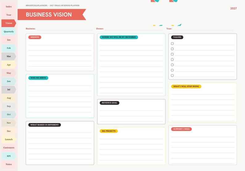 May include: A 2027 business vision planner page featuring a sidebar with monthly tabs and a main section with labeled fields for mission, values, revenue goals, and big projects. The layout includes lined spaces for writing and colorful headers.