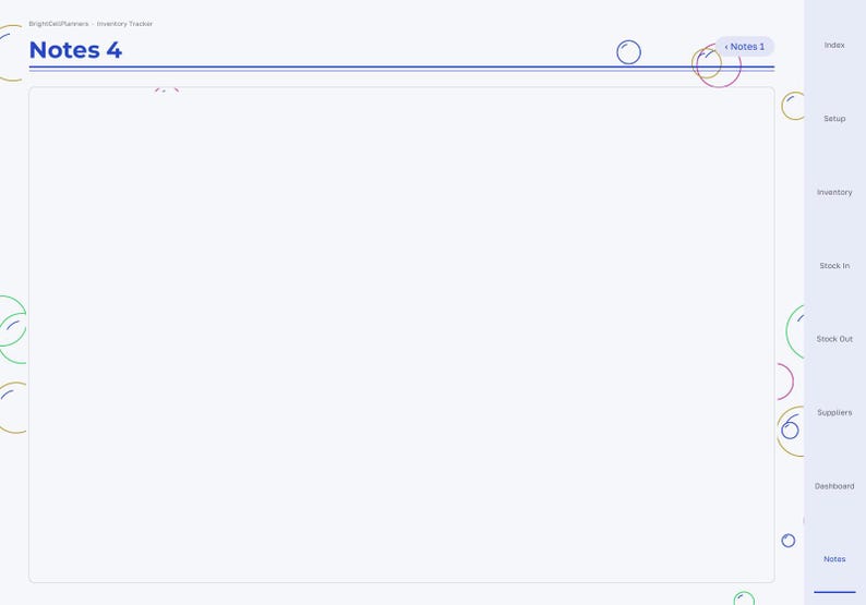 May include: A digital planner page titled Notes 4 with a light purple sidebar containing navigation tabs for Index, Setup, Inventory, Stock In, Stock Out, Suppliers, Dashboard, and Notes. The layout features thin lines and circular accents.