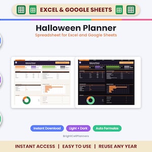 Halloween-Planungstabelle für Excel & Google Sheets – Kostüm-Tracker, Gästeliste, Süßigkeiten-Rechner, Budget