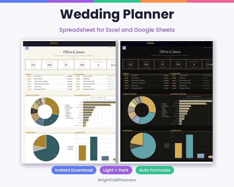 May include: A digital wedding planner spreadsheet for Excel and Google Sheets featuring light and dark mode versions. The interface displays Olivia & James, task lists, budget categories, pie charts, and bar graphs for tracking wedding expenses.