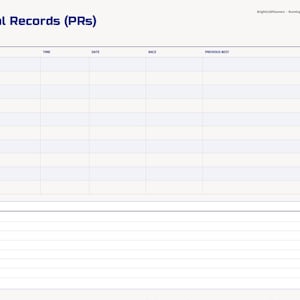 May include: A digital running training log page titled Personal Records (PRs) with columns for instance, time, date, race, and previous best. Rows include 1 mile, 5K, 10K, 15K, half marathon, marathon, and longest run, plus a notes section.