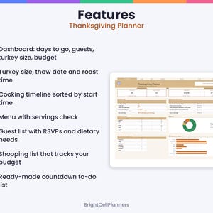 May include: A digital Thanksgiving Planner dashboard displayed on a tablet screen. The list of features includes a dashboard, turkey size calculator, cooking timeline, menu servings check, guest list with RSVPs, budget tracker, and a countdown to-do list.