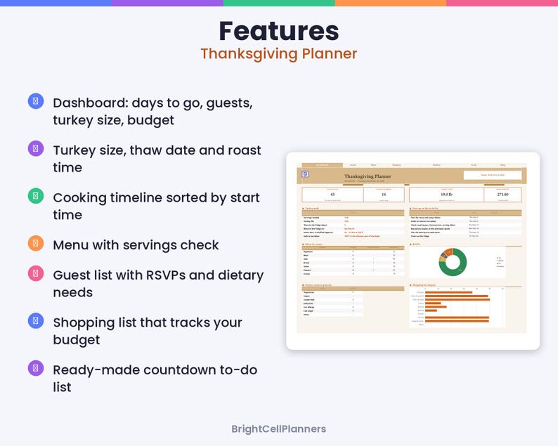 May include: A digital Thanksgiving Planner dashboard displayed on a tablet screen. The list of features includes a dashboard, turkey size calculator, cooking timeline, menu servings check, guest list with RSVPs, budget tracker, and a countdown to-do list.