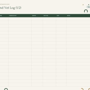 May include: A digital planner page titled Farrier and Vet Log (1/2) with a dark green header row containing columns for Date, Horse, Farrier or Vet, Service, Next Due, Cost, and Notes. The page features a light background with horseshoe icons.