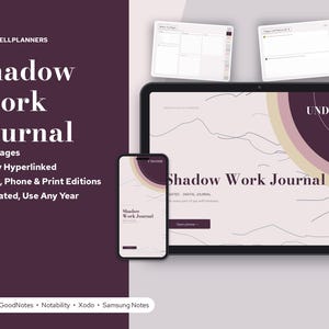 May include: A digital Shadow Work Journal displayed on a tablet and smartphone, featuring a dark purple and cream color palette with abstract line art. The text reads Shadow Work Journal, Undated, and Brightcellplanners, with 39 pages listed.