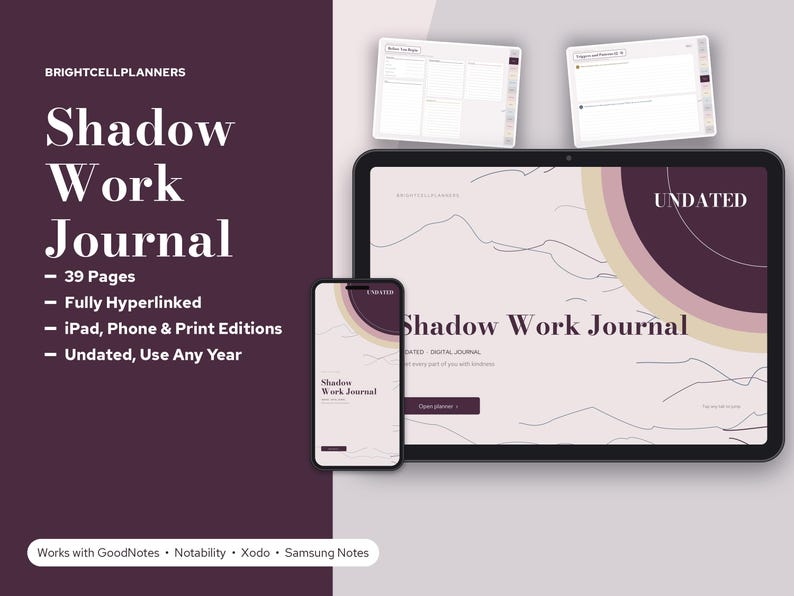May include: A digital Shadow Work Journal displayed on a tablet and smartphone, featuring a dark purple and cream color palette with abstract line art. The text reads Shadow Work Journal, Undated, and Brightcellplanners, with 39 pages listed.