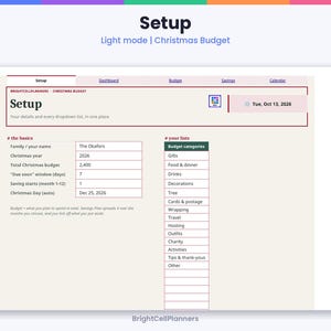 May include: A digital Christmas budget planner interface titled Setup, featuring sections for family name, budget totals, and categories like gifts, food, and decorations. The layout includes input fields for 2026 planning and navigation tabs.