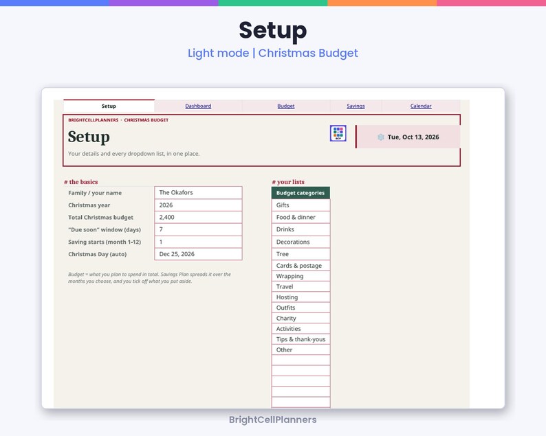 May include: A digital Christmas budget planner interface titled Setup, featuring sections for family name, budget totals, and categories like gifts, food, and decorations. The layout includes input fields for 2026 planning and navigation tabs.