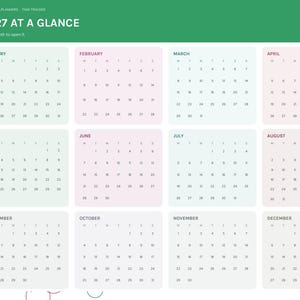 May include: A digital 2027 calendar planner page titled 2027 AT A GLANCE. It features twelve monthly grids with pastel-colored backgrounds, a green header, and a vertical sidebar with navigation tabs labeled Index, Year, Setup, and more.
