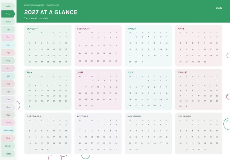 May include: A digital 2027 calendar planner page titled 2027 AT A GLANCE. It features twelve monthly grids with pastel-colored backgrounds, a green header, and a vertical sidebar with navigation tabs labeled Index, Year, Setup, and more.